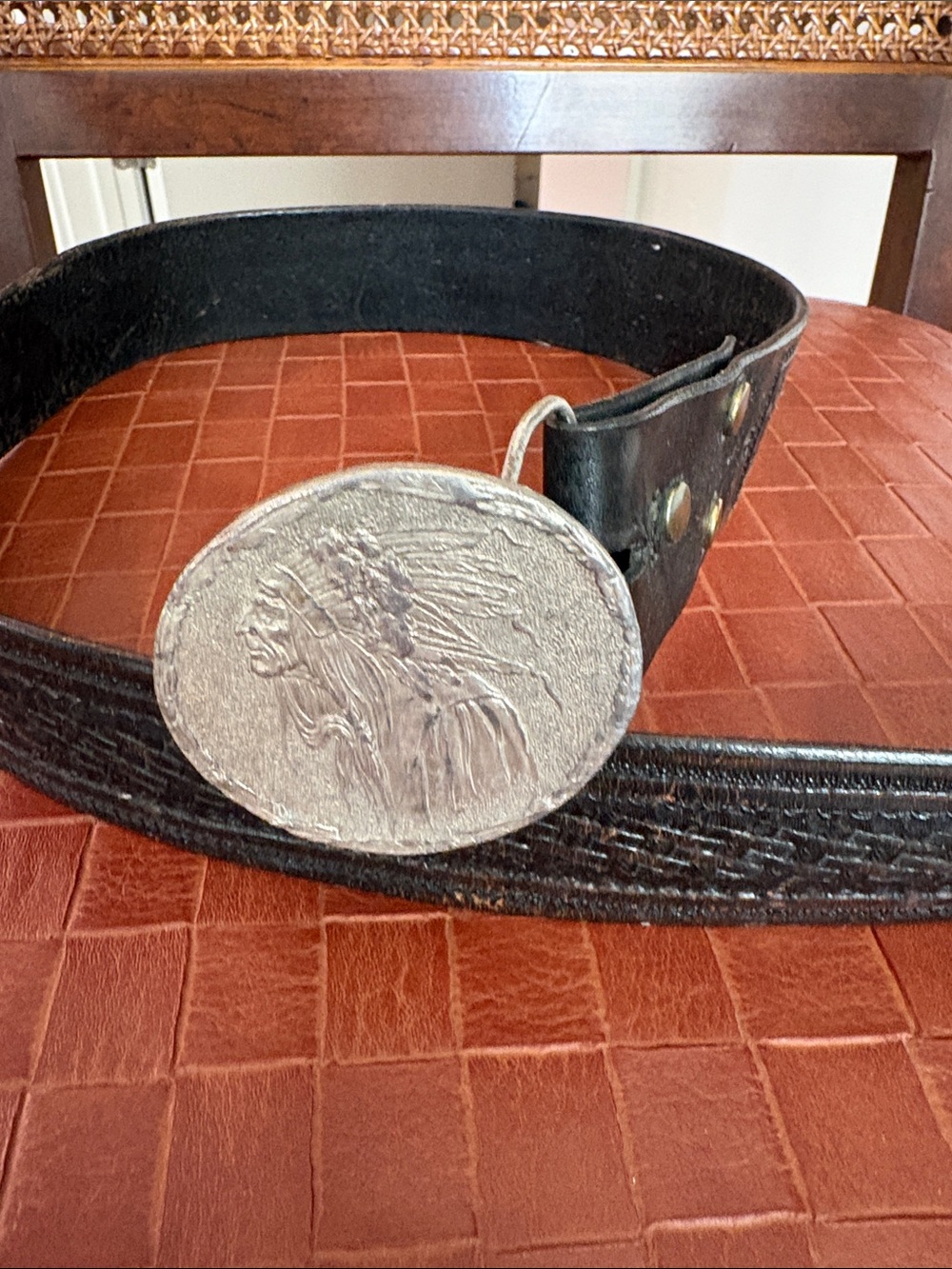 Bergamont Belt Buckle—Native American—Silver Ornate Buckle & Browning Belt